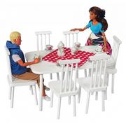 Domki dla lalek - Zestaw Mebelki drewniane dla lalek Barbie : stół 6 osobowy + bieżnik + 6 krzeseł w stylu VINTAGE 8 el. - miniaturka - grafika 1