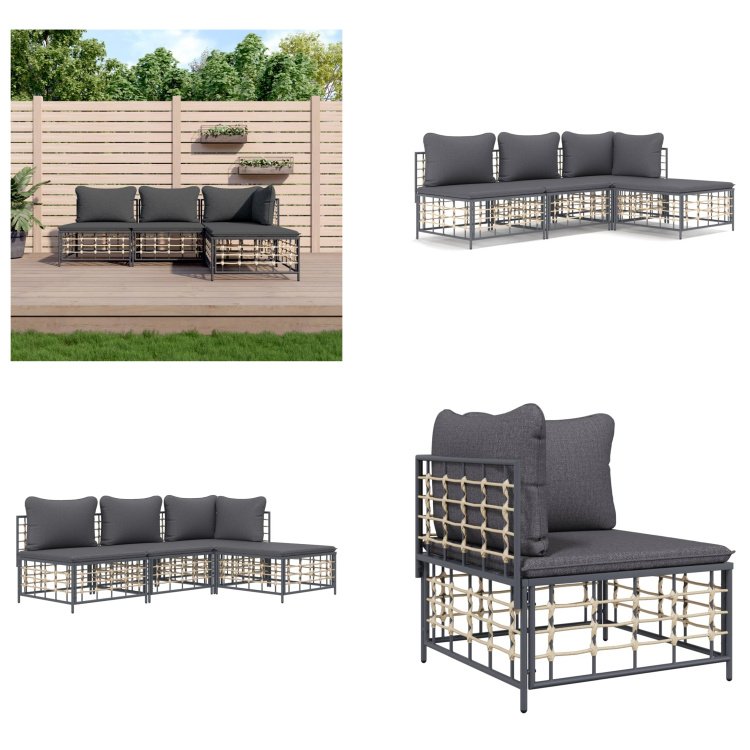 vidaXL 4-częściowy zestaw wypoczynkowy do ogrodu z poduszkami antracytowy rattan - Zestaw wypoczynkowy do ogrodu - Zestawy wypoczynkowe do ogrodu - Zestaw wypoczynkowy - Meble ogrodowe