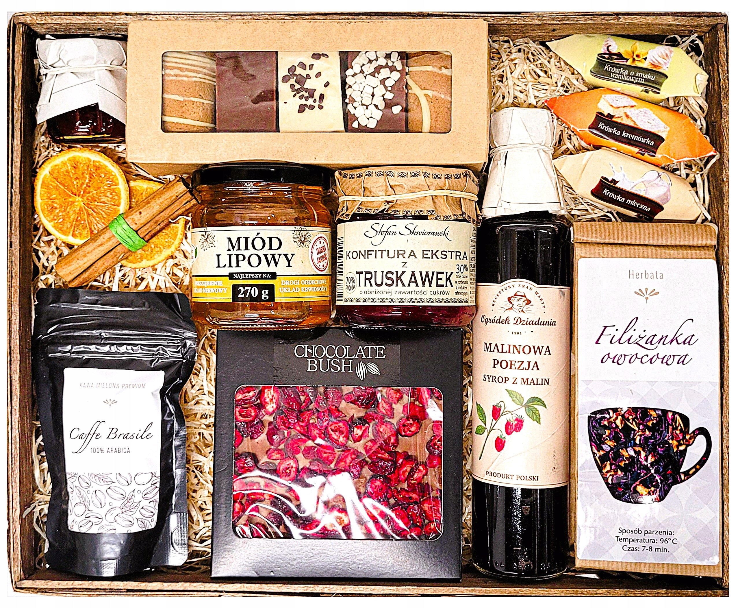 Duży Kosz Prezentowy Upominek Miód Herbata Kawa Czekolada Przysmaki