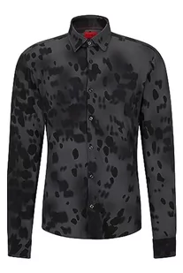HUGO Ermo Slim-Fit męska koszula z płótna z nadrukiem sezonu, Dark Grey28., L - Koszule męskie - miniaturka - grafika 1