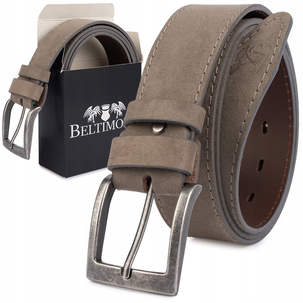 Pasek męski skórzany zamszowy szeroki 4cm klasyczny szary premium Beltimore