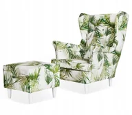 Fotele - Fotel Uszak podnóżkiem piękne duże zielone liście - miniaturka - grafika 1