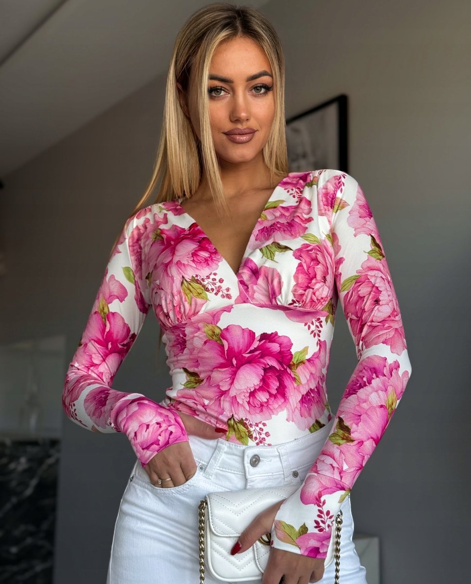 Elegancka Bluzka Marina NOWA KOLEKCJA Nakładany Palec Róż Kwiaty Wzór L
