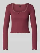 Bluzki damskie - Bluzka o kroju slim fit z długim rękawem i dekoltem w łódkę obszytym koronką model ‘WILMA’ - miniaturka - grafika 1