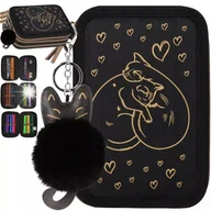 Piórniki - PIÓRNIK TRZYKOMOROWY Z WYPOSAŻENIEM DLA DZIEWCZYNKI ZŁOTE KOTKI SERCE - miniaturka - grafika 1