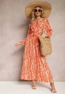 Sukienki - Pomarańczowa Długa Kopertowa Sukienka z Abstrakcyjnym Motywem i Paskiem w Talii Delphinna - grafika 1