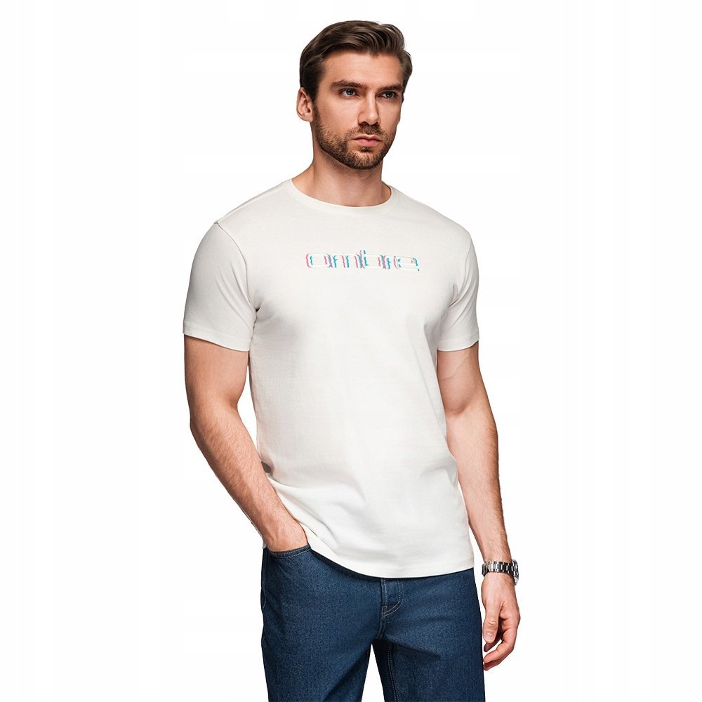 T-shirt męski z haftem na klatce piersiowej - biały V2 OM-TSPT-0248 r. XL