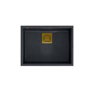 Zlewozmywaki - QUADRON Zlewozmywak granitowy jednokomorowy podwieszany 55 42 22,5 cm DAVID 50 czarny metalik ze złotym odpływem - miniaturka - grafika 1