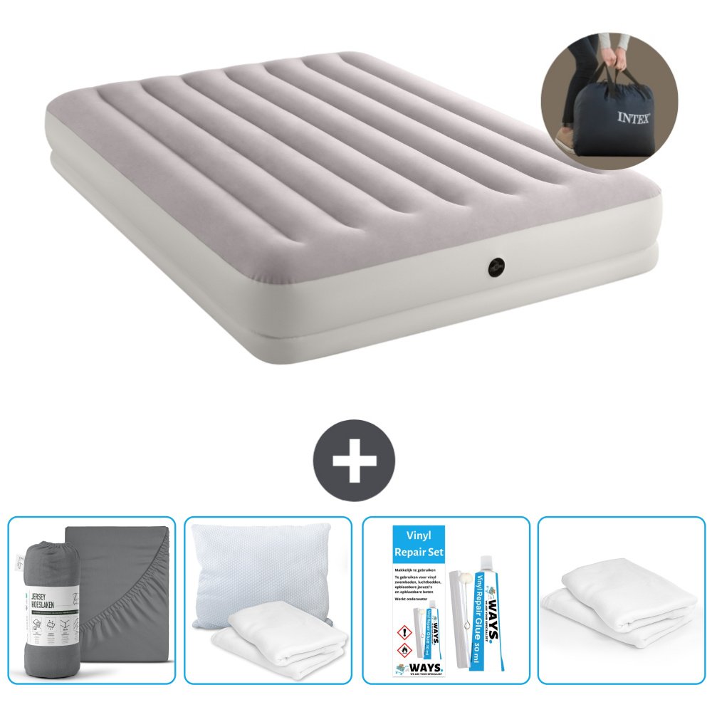 Łóżko powietrzne Intex - 2 osoby - 152 x 203 x 30 cm - Szare - Z pompką - Prześcieradło - Całowanie - Zestaw naprawczy en Ochraniacz na poduszkę