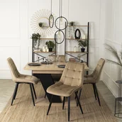 Stoły z krzesłami - Zestaw Stół Prostokątny Rozkładany CLARK 120-160 cm Dąb Artisan/Czarny i 4 Krzesła Tapicerowane do Jadalni RIO Beżowe Welurowe - miniaturka - grafika 1