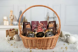 Kosz prezentowy wiklinowy duży zestaw na święta z herbatą słodycze miody - Zestawy upominkowe - miniaturka - grafika 1