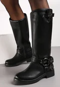 Kozaki damskie - Czarne Kozaki Biker przed Kolano z Ozdobnym Paskiem Leonise - Renee - miniaturka - grafika 1