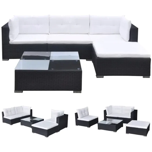 Zestaw rattanowych mebli ogrodowych czarny z kremowymi poduszkami 70x70x63