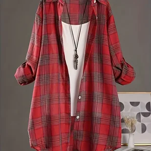 TEMU Damska koszula w kratę - Luźny krój, długi rękaw, zapinana na guziki z kieszeniami na piersi, zielono-kratowa, idealna do noszenia na co dzień, - Koszule damskie - miniaturka - grafika 1