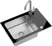 Zlewozmywaki z baterią - Steiner HUGH 116 komora stalowa z czarnym blatem szklanym z syfonem i zaślepką 640x440/R35 + KATE SteelQ stalowa bateria kuchenna stal szczotkowana - miniaturka - grafika 1