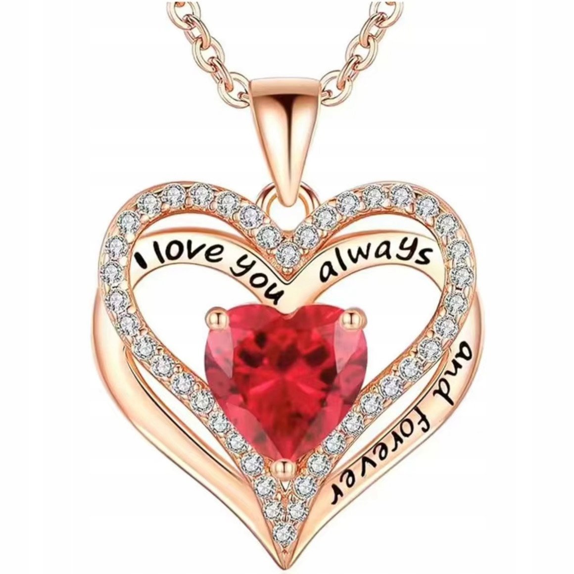 Naszyjnik Różowe Złoto Serce I Love You Spinel Cyrkonie Stal Szlachetna