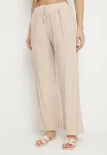 Spodnie damskie - Beżowe Wiskozowe Szerokie Spodnie z Wysokim Stanem Ozdobione Wiązaniem Lisozi - miniaturka - grafika 1