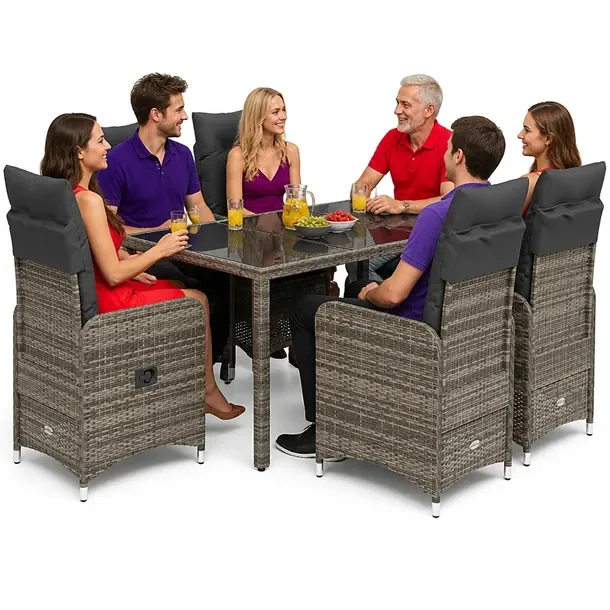 Zestaw Bistro Rattan PE Szary 6 Krzeseł + Stół 150x90 cm