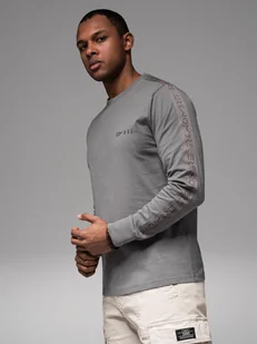 Męski bawełniany longsleeve U-neck z lampasami i nadrukiem na piersi szary V5 OM-LSCL-0127 S - Koszulki męskie - miniaturka - grafika 1