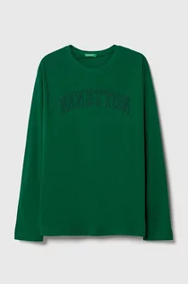 Bluzki dla chłopców - United Colors of Benetton longsleeve bawełniany dziecięcy kolor zielony z nadrukiem - grafika 1