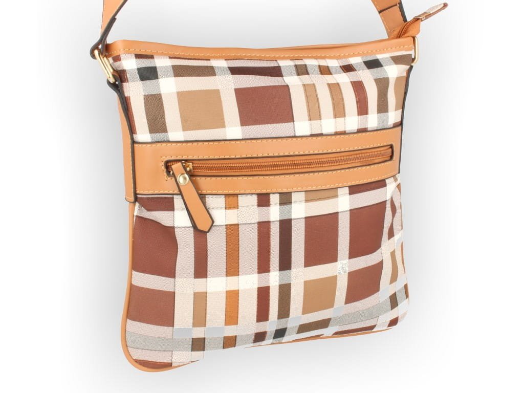 Torebka damska listonoszka krata brązowa
