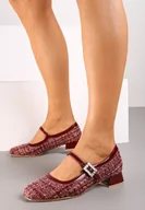 Czółenka - Bordowe Czółenka Tweedowe na Słupku w Stylu Mary Jane Ozdobione Lakierowanymi Wstawkami Valentta - miniaturka - grafika 1