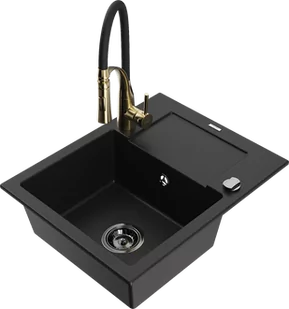 Mexen Enzo zlewozmywak granitowy 1-komorowy z ociekaczem i baterią kuchenną Aster, czarny - 6506-77-73450-57-B - Zlewozmywaki z baterią - miniaturka - grafika 1
