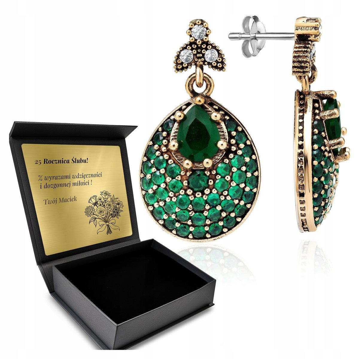Kolczyki Srebrne 925 Cyrkonie Szmaragd Biżuteria Dla Kobiety Grawer