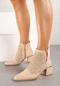 Botki damskie - Beżowe Botki Vices z Ekozamszu z Ozdobnymi Wycięciami na Słupku z Metalicznym Detalem Naetha - miniaturka - grafika 1