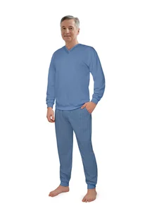 PIŻAMA MĘSKA M  DŁUGI RĘKAW SPODNIE BAWEŁNIANA ELEGANCKA NIEBIESKA SPODNIE W KRATKĘ - Piżamy damskie - miniaturka - grafika 1