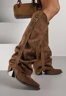 Kozaki damskie - Brązowe Kozaki na Stożku Typu Kowbojki Ozdobione Klamrą i Wywiniętą Cholewką Nalirella - miniaturka - grafika 1