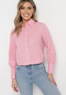 Koszule damskie - Różowa Bawełniana Koszula z Delikatnymi Haftowanymi Wstawkami Leordia - miniaturka - grafika 1