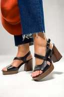 Sandały damskie - Czarne sandały damskie Sergio Leone na szerokim brązowym klocku skórzana wkładka SK577-CA - miniaturka - grafika 1