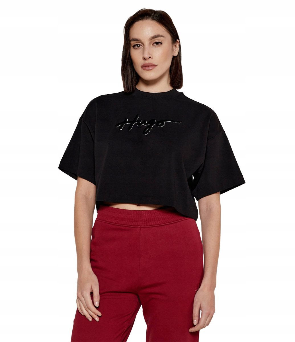 HUGO CZARNY T SHIRT Z WELUROWYM NAPISEM I CYRKONIAMI M FTA