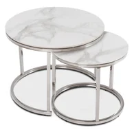 Ławy i stoliki kawowe - Stolik Kawowy Okrągły Zestaw 2w1 Ława Glamour Marmur Biały Srebrny AMARA - miniaturka - grafika 1