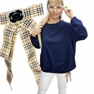 Bluzki damskie - GRANATOWA BLUZA DAMSKA Z BROSZKĄ bawełna luźna bluzka tunika 50 52 5XL 3168 - miniaturka - grafika 1