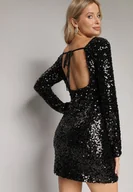 Sukienki - Czarna Dopasowana Mini Sukienka z Wycięciem na Plecach Ozdobiona Cekinami Akorra - miniaturka - grafika 1