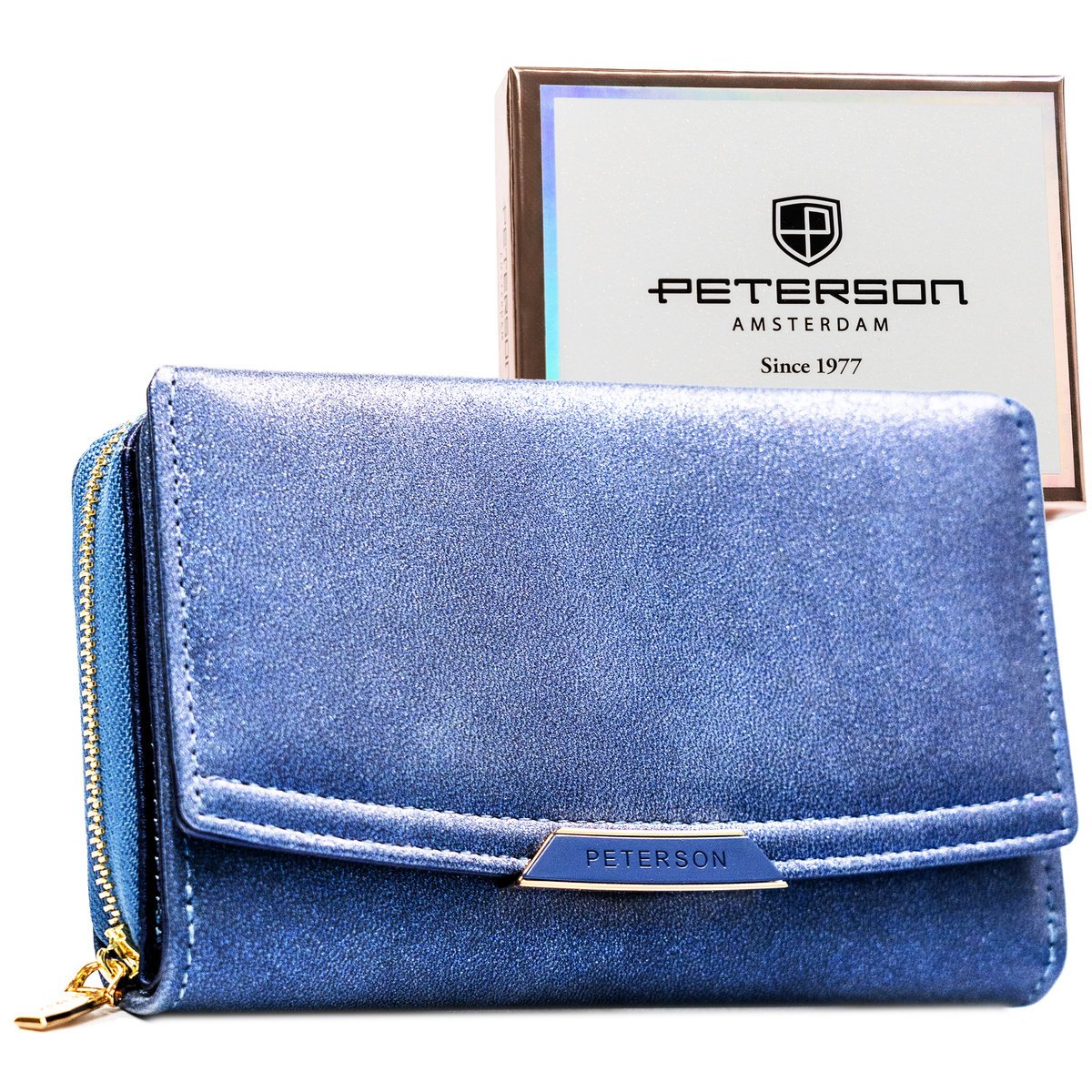 Portfel damski zamykany na zatrzask PETERSON średniej wielkości ochrona RFID karty gotówka modny niebieski