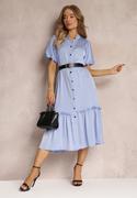 Sukienki - Niebieska Sukienka Midi z Ozdobną Falbanką i Dodatkowym Paskiem z Imitacji Skóry Charlotona - miniaturka - grafika 1