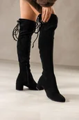 Kozaki damskie - Czarne kozaki Sergio Leone za kolano na niskim obcasie elastyczna cholewka z wiązaniem PA74586 - miniaturka - grafika 1