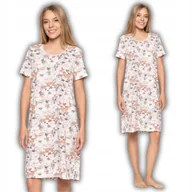 Bielizna nocna - KOSZULA NOCNA DAMSKA BAWEŁNA KRÓTKI RĘKAW PRZED KOLANO W KWIATY MORAJ L ECRU - miniaturka - grafika 1