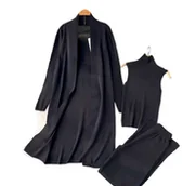 Swetry damskie - Kobiecy 3-Częściowy Czarny Zestaw Top Z Golfem Kardigan Spodnie Dzianinowe - miniaturka - grafika 1