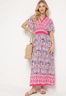 Sukienki - Fuksjowa Sukienka z Wiskozy z Gumką w Pasie w Rustykalnym Stylu Valenna - miniaturka - grafika 1