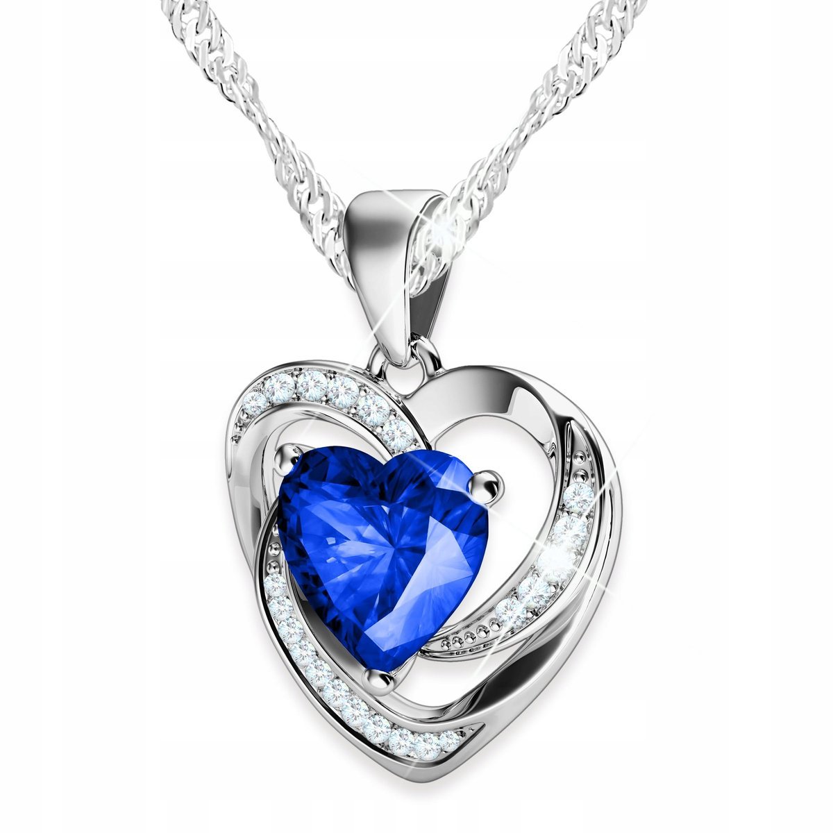 Naszyjnik Srebrny z Niebieskim Sercem Serduszko Miłość Cyrkonie SREBRO 925