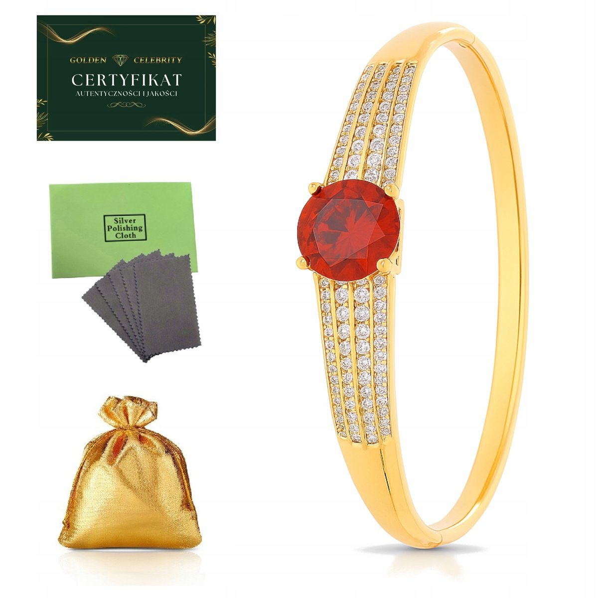 BRANSOLETKA ZŁOTA DAMSKA SZTYWNA Z KAMIENIEM - GRANATEM + Z CYRKONIAMI 18K