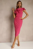 Sukienki - Fuksjowa Koktajlowa Asymetryczna Sukienka Vices z Kwiatem 3D i Falbankami Tolelira - miniaturka - grafika 1