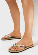 Klapki i japonki damskie - Czarne Japonki na Płaskiej Podeszwie z Ozdobnymi Koralikami Elenwe - miniaturka - grafika 1