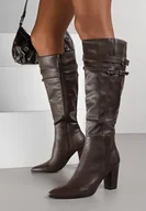 Kozaki damskie - Brązowe Eleganckie Kozaki do Kolan na Słupku Zdobione Paskami z Klamerkami Alenelle - miniaturka - grafika 1