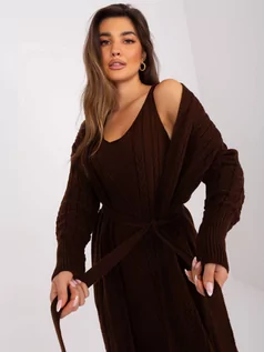 Komplety damskie - Komplet casualowy ciemny brązowy casual sweter i sukienka dekolt w kształcie V długość midi pasek - grafika 1