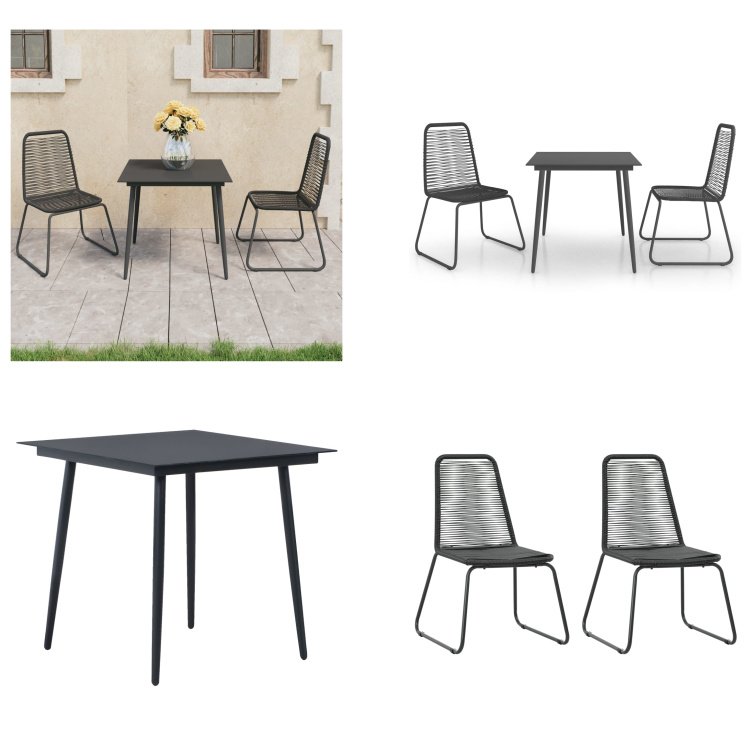 vidaXL 3-częściowy ogrodowy zestaw jadalniany PVC rattan czarny - Zestaw mebli ogrodowych - Zestawy mebli ogrodowych - Stół i krzesła ogrodowe - Stoły i krzesła ogrodowe